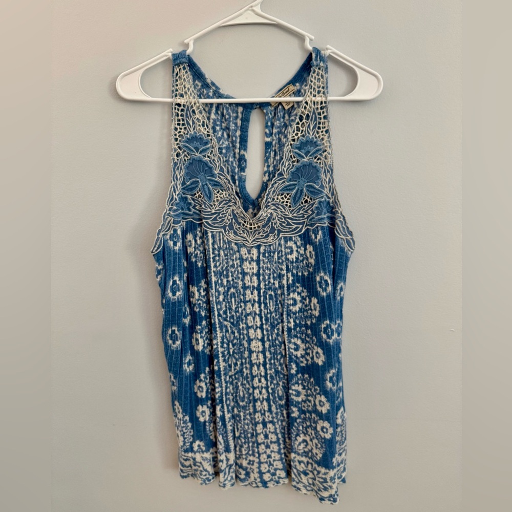 Lucky Brand Blue and White Sleeveless Top with Lace Detail